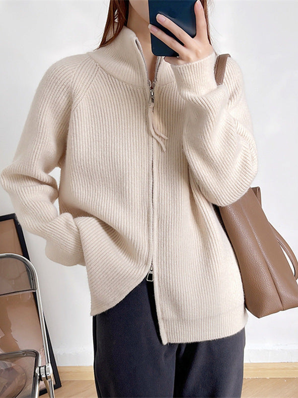 Korean-style casual double-zipper sweater coat