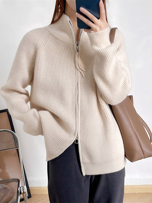 Korean-style casual double-zipper sweater coat