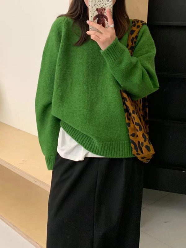 Lazy Style Round-neck Simple Solid Shoulder-Padded Sweater for Women - Loose-Fitting Casual Mixed Fiber Thick Long Sleeve Knitted Sweater