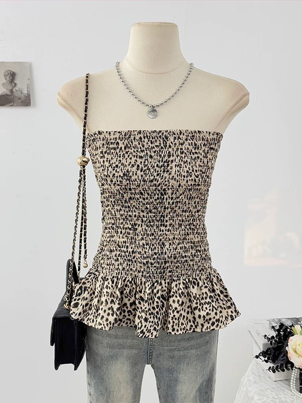 Leopard print sexy one-shoulder off-the-shoulder crop top summer new style ruffled women's fitted slim-fit short-sleeved top for women