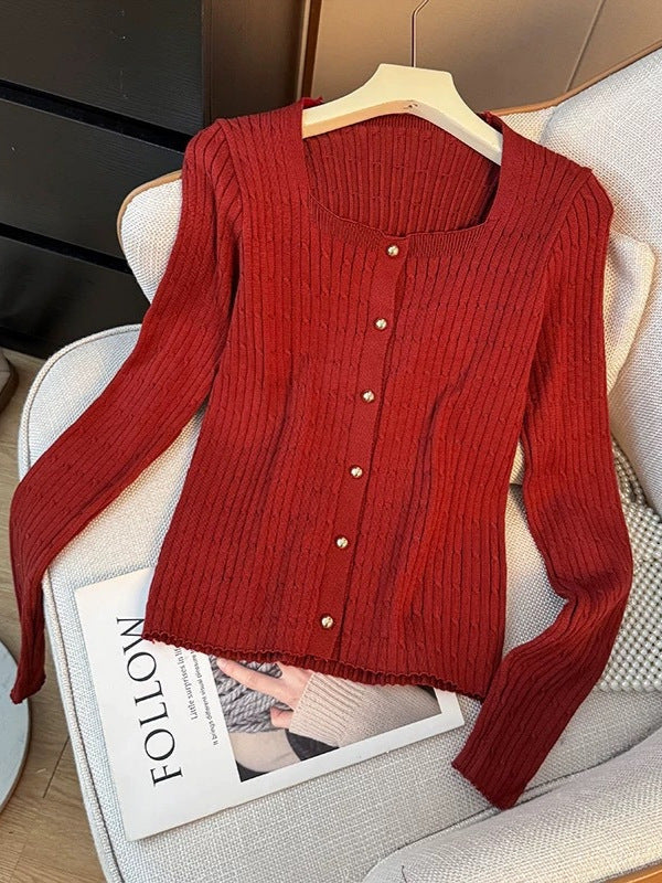 Solid-color simple square-neck long-sleeved knitted cardigan women's autumn new style - youthful, slim-fitting, and weight-reducing single-button top for women