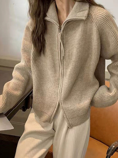 Korean-style casual double-zipper sweater coat
