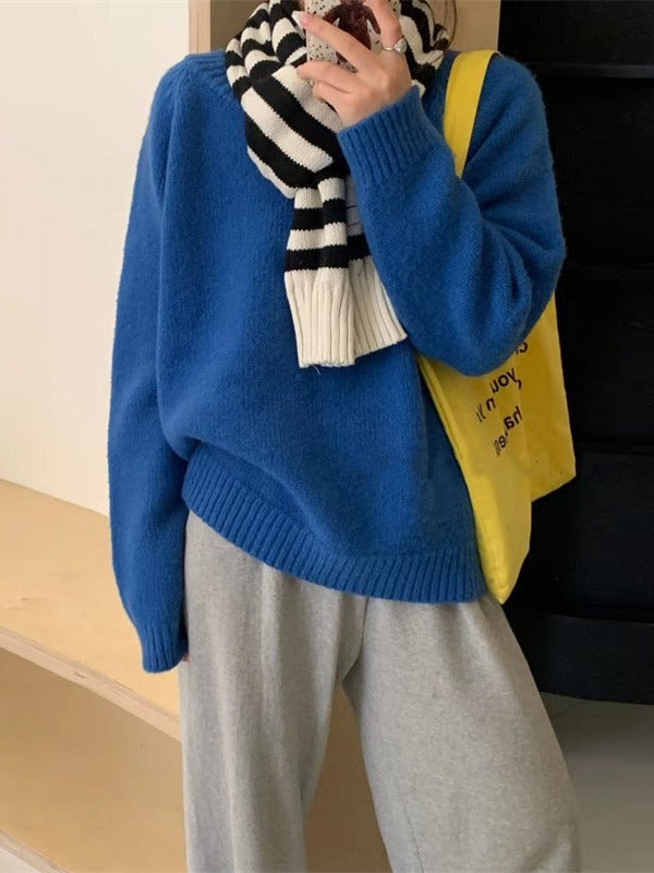 Lazy Style Round-neck Simple Solid Shoulder-Padded Sweater for Women - Loose-Fitting Casual Mixed Fiber Thick Long Sleeve Knitted Sweater