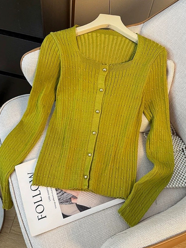 Solid-color simple square-neck long-sleeved knitted cardigan women's autumn new style - youthful, slim-fitting, and weight-reducing single-button top for women