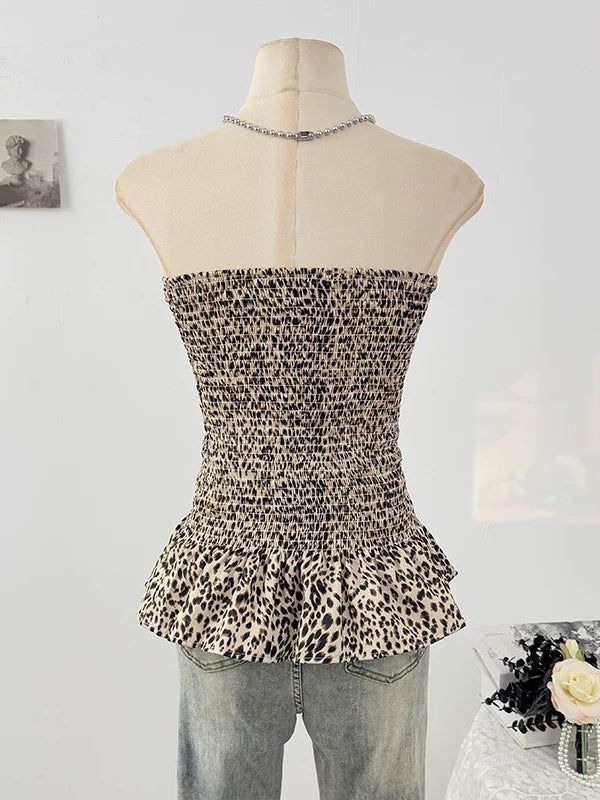 Leopard print sexy one-shoulder off-the-shoulder crop top summer new style ruffled women's fitted slim-fit short-sleeved top for women