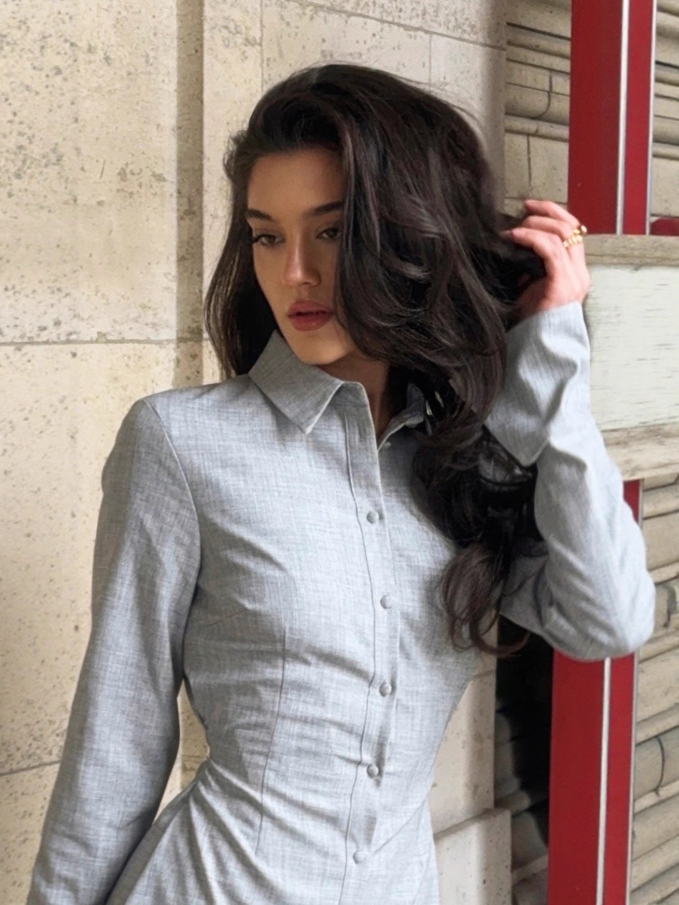 Elegant and fashionable casual style long-sleeved button-down cardigan in solid color - long style. Shirt dress.