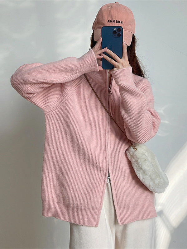 Korean-style casual double-zipper sweater coat