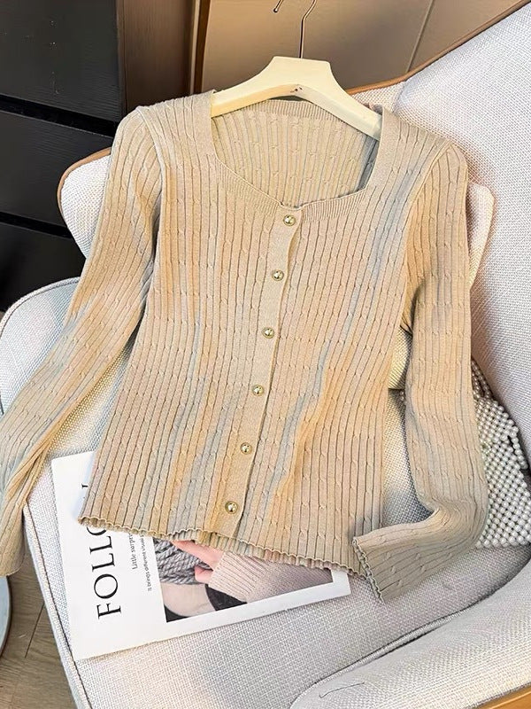 Solid-color simple square-neck long-sleeved knitted cardigan women's autumn new style - youthful, slim-fitting, and weight-reducing single-button top for women