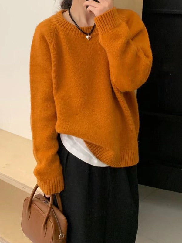 Lazy Style Round-neck Simple Solid Shoulder-Padded Sweater for Women - Loose-Fitting Casual Mixed Fiber Thick Long Sleeve Knitted Sweater