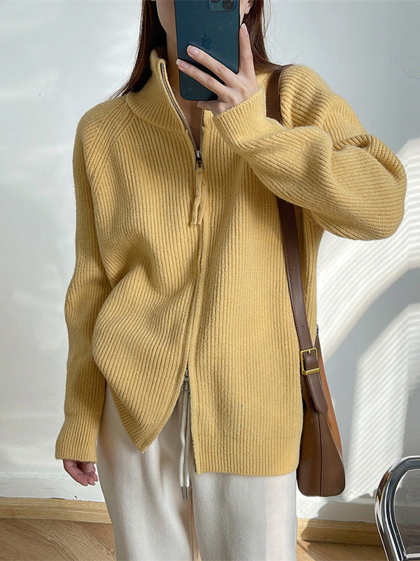 Korean-style casual double-zipper sweater coat