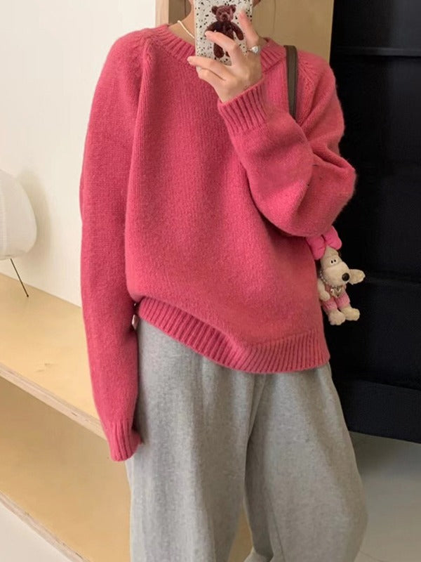 Lazy Style Round-neck Simple Solid Shoulder-Padded Sweater for Women - Loose-Fitting Casual Mixed Fiber Thick Long Sleeve Knitted Sweater
