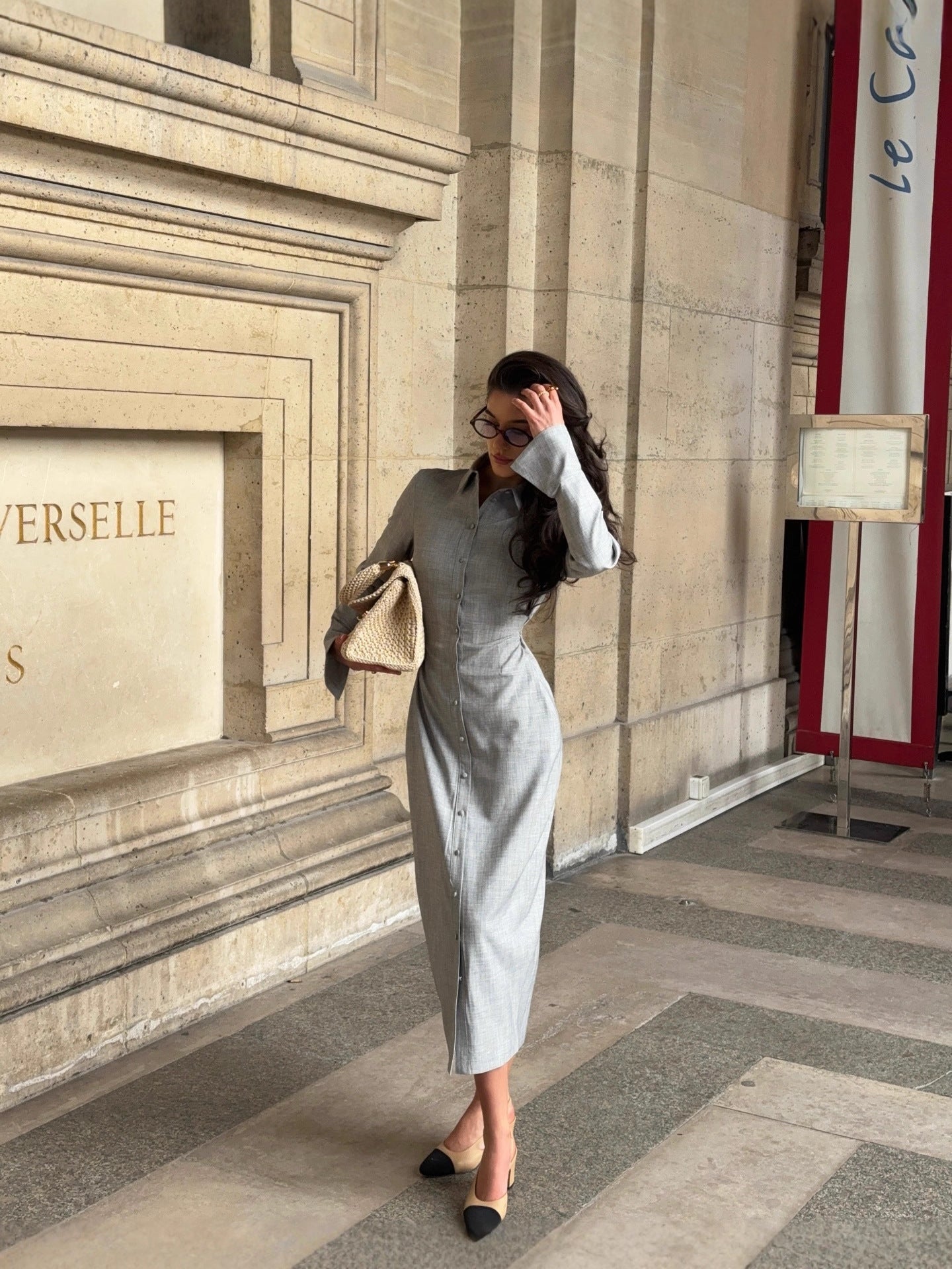 Elegant and fashionable casual style long-sleeved button-down cardigan in solid color - long style. Shirt dress.
