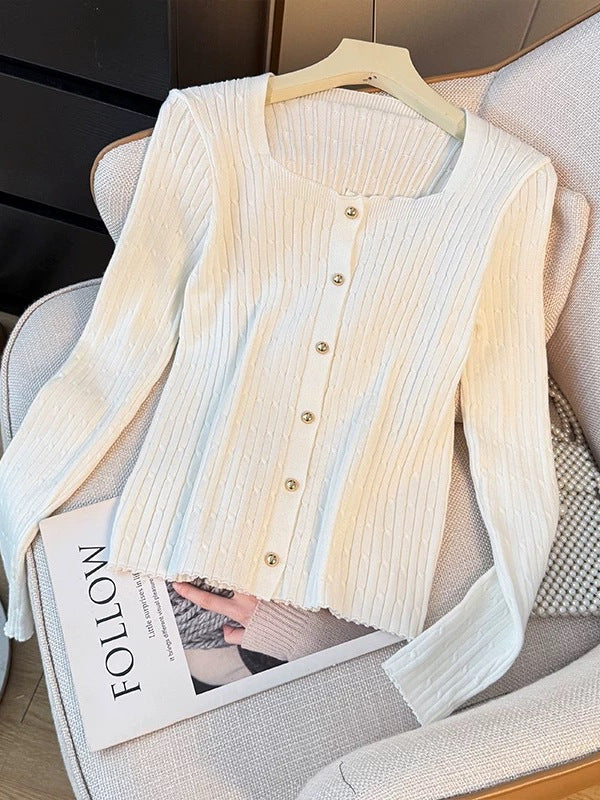 Solid-color simple square-neck long-sleeved knitted cardigan women's autumn new style - youthful, slim-fitting, and weight-reducing single-button top for women